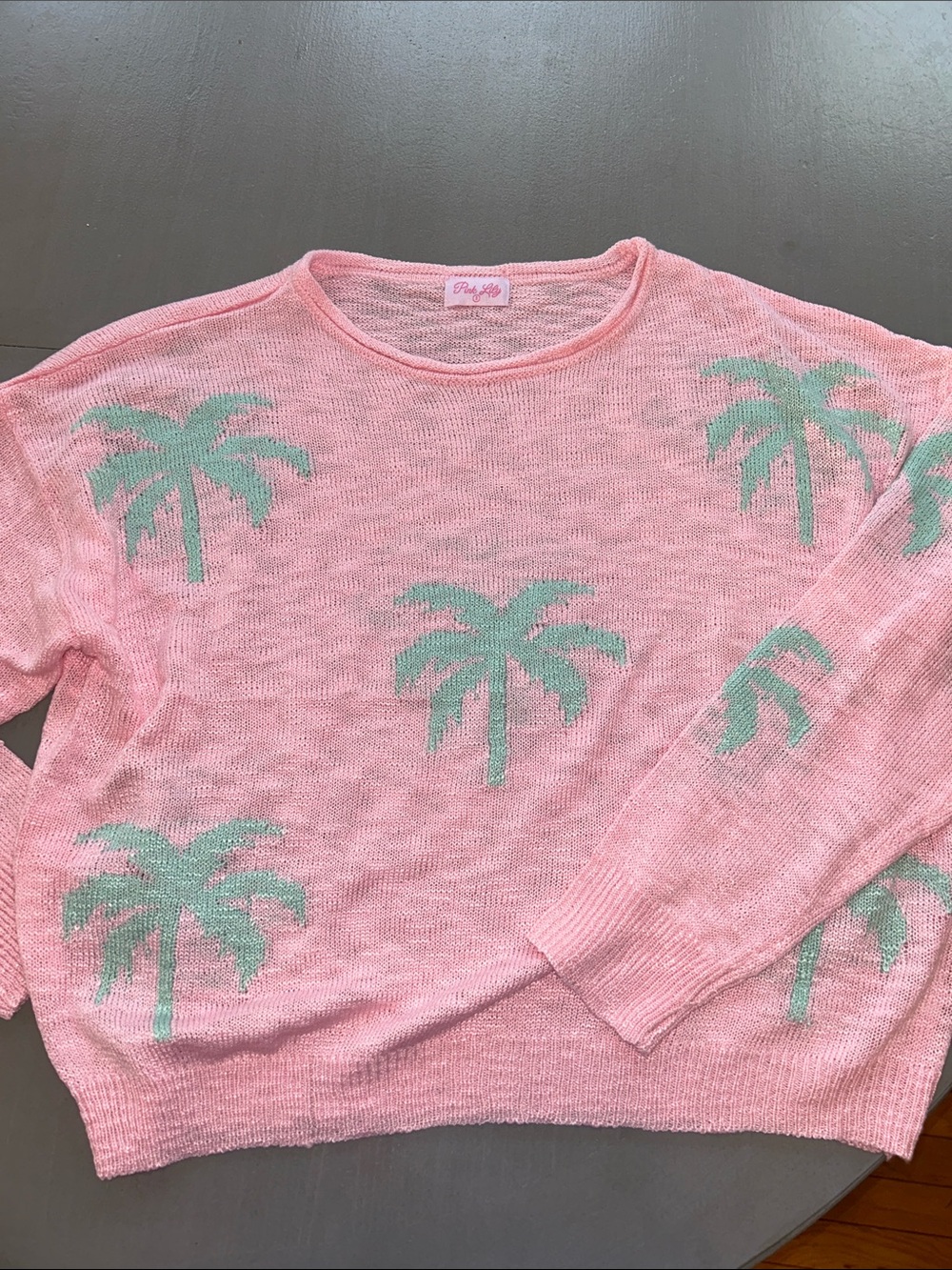 Pink Lily Pink Sweater with Mint Palm Motif